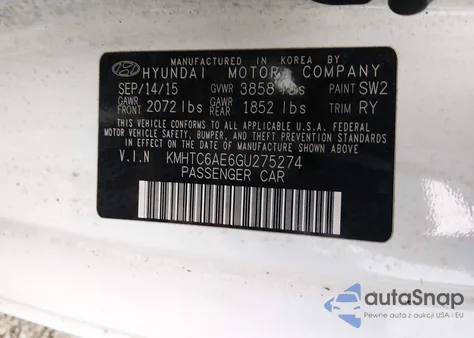 2016 Hyundai Veloster Turbo R-Spec z USA, uszkodzony, nr VIN KMHTC6AE6GU275274